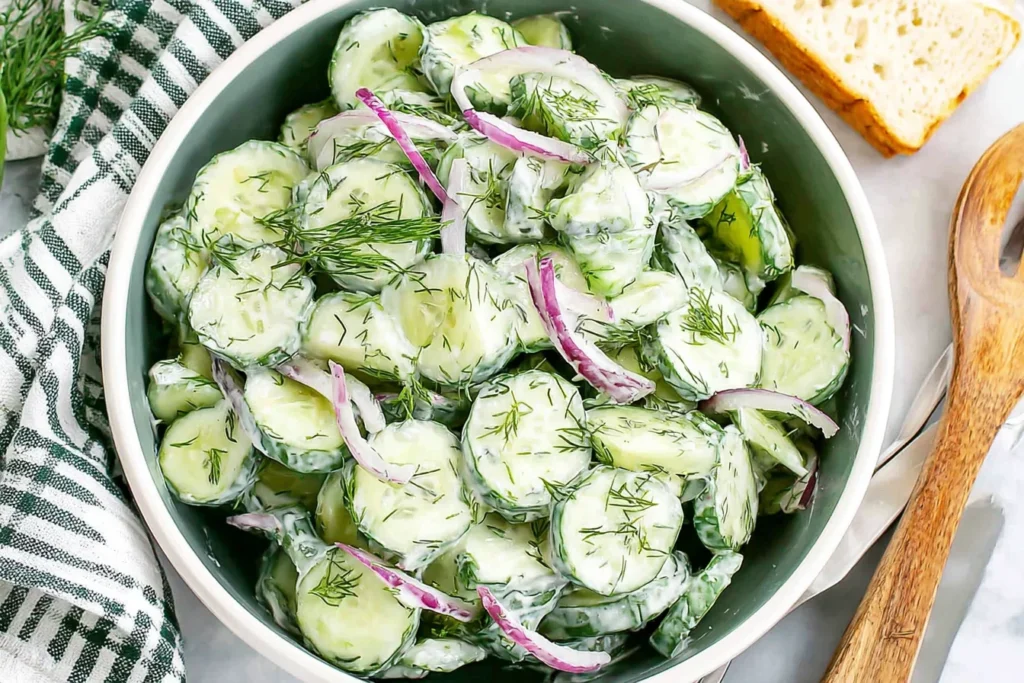 Top-down bowl of creamy Cucumber Dill Salad with sliced cucumbers, red onion, and fresh dill in yogurt dressing.