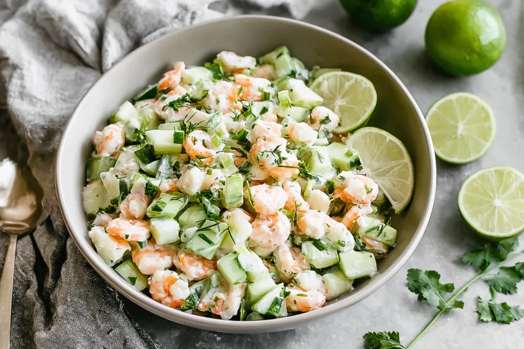 Cucumber Shrimp Salad served in a bowl with diced cucumber, tender shrimp, fresh herbs, and lime wedges—creamy, bright, and refreshing.