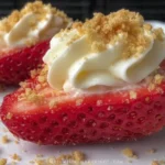 Deviled Strawberries filled with fluffy cream cheese cheesecake filling and topped with graham cracker crumbs on a white plate.