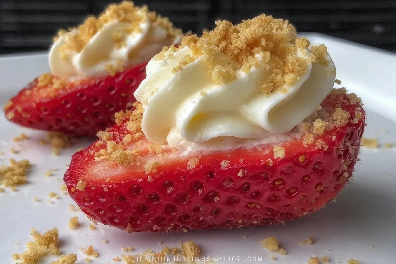 Deviled Strawberries filled with fluffy cream cheese cheesecake filling and topped with graham cracker crumbs on a white plate.