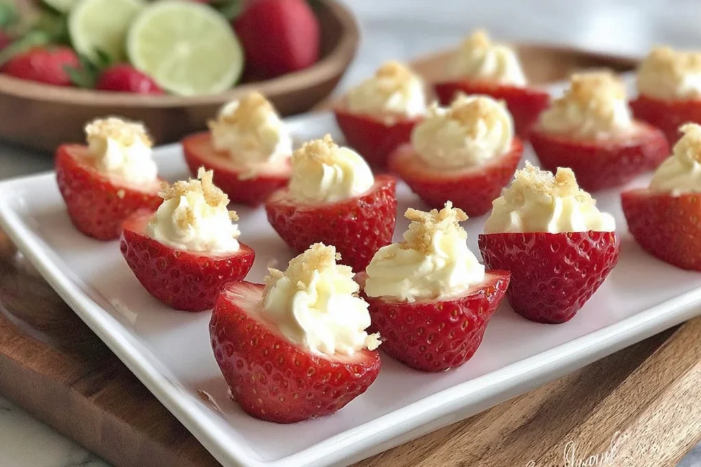 Deviled Strawberries on a platter, filled with creamy cheesecake-style frosting and topped with graham cracker crumbs for an easy no-bake dessert.