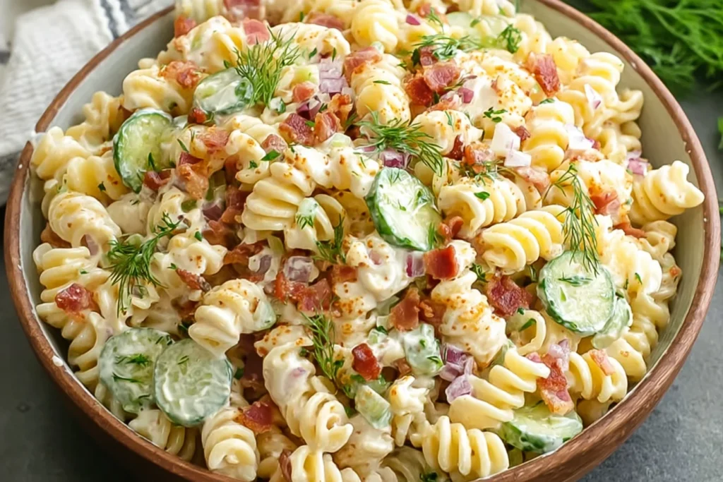 Bowl of creamy Dill Pickle Bacon Pasta Salad with rotini pasta, sliced cucumbers, crispy bacon, red onion, and fresh dill.