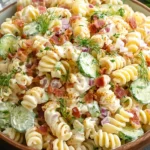 Bowl of creamy Dill Pickle Bacon Pasta Salad with rotini pasta, sliced cucumbers, crispy bacon, red onion, and fresh dill.
