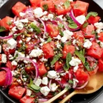 Feta Watermelon Salad with arugula, crumbled feta, red onion, fresh mint, and a balsamic glaze in a black bowl.