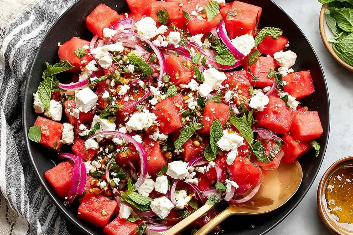 Feta Watermelon Salad with arugula, crumbled feta, red onion, fresh mint, and a balsamic glaze in a black bowl.