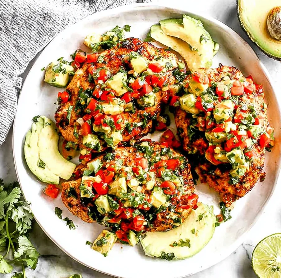 Fiesta Lime Chicken with Avocado Salsa served on a plate with lime wedges, featuring charred chicken topped with avocado, tomato, and cilantro salsa.