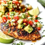 Fiesta Lime Chicken with Avocado Salsa topped with diced avocado, tomatoes, corn, and cilantro on a juicy, charred chicken breast with lime wedges