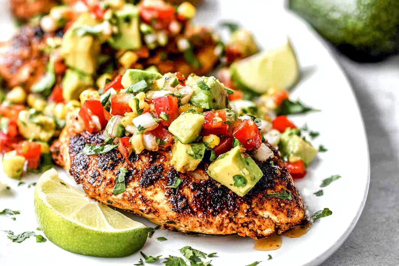 Fiesta Lime Chicken with Avocado Salsa topped with diced avocado, tomatoes, corn, and cilantro on a juicy, charred chicken breast with lime wedges