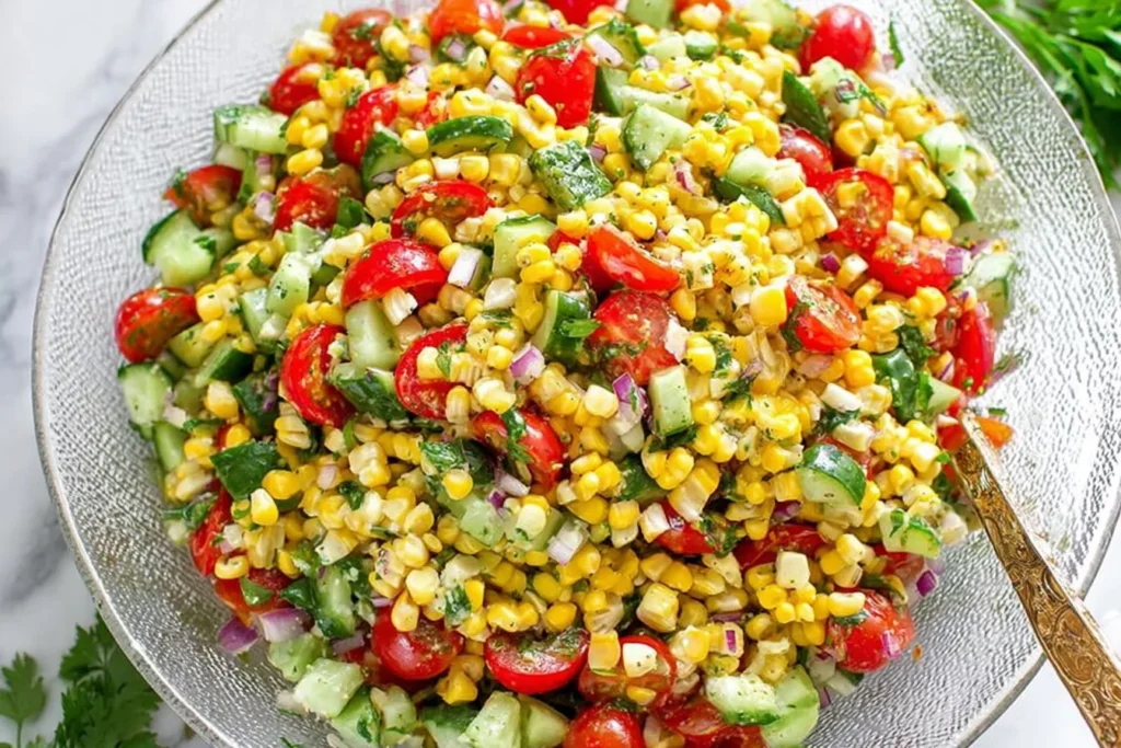 Bowl of Corn Salad with sweet corn, cherry tomatoes, diced cucumber, red onion, and fresh herbs tossed in a zesty lime dressing.