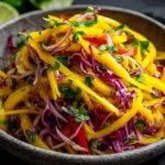 Colorful Mango Slaw with shredded purple cabbage, yellow bell pepper, red pepper, cilantro, and lime in a rustic bowl.