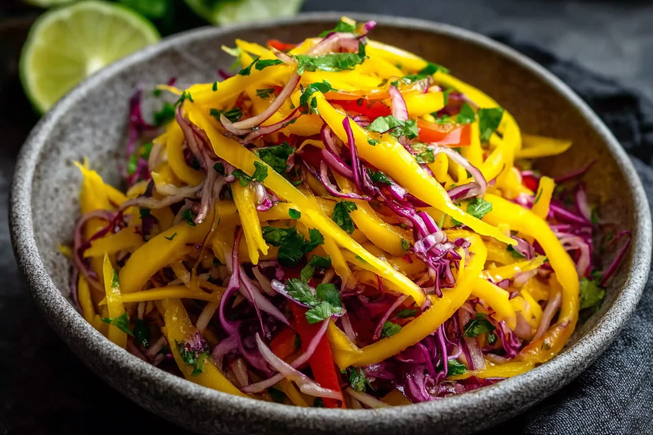 Colorful Mango Slaw with shredded purple cabbage, yellow bell pepper, red pepper, cilantro, and lime in a rustic bowl.