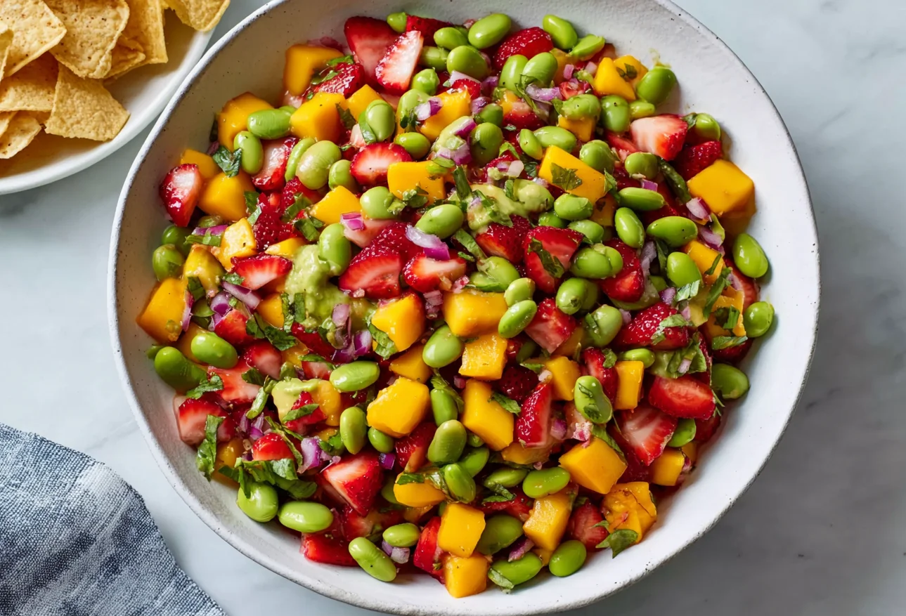 Mango Strawberry Avocado Edamame Salsa in a white bowl with tortilla chips—fresh mango, strawberries, avocado, edamame, herbs, and lime.