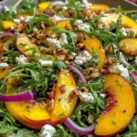 Peach Arugula Salad with ripe peach slices, arugula, goat cheese, toasted pecans, and red onion with honey balsamic dressing.