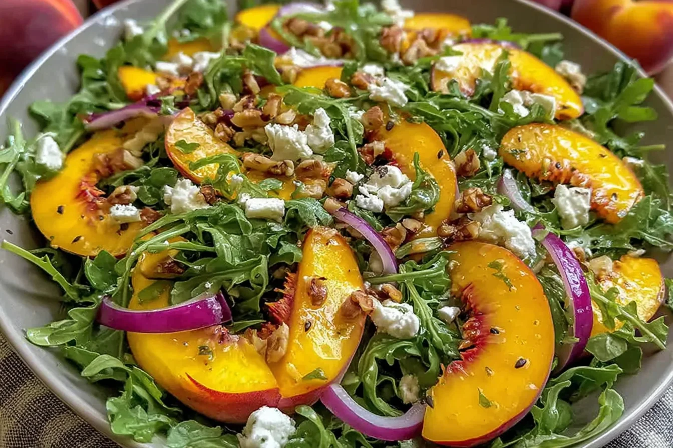 Peach Arugula Salad with ripe peach slices, arugula, goat cheese, toasted pecans, and red onion with honey balsamic dressing.