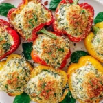 Tuscan Ricotta Stuffed Peppers on a white platter, filled with creamy spinach ricotta and topped with golden breadcrumbs and fresh basil.