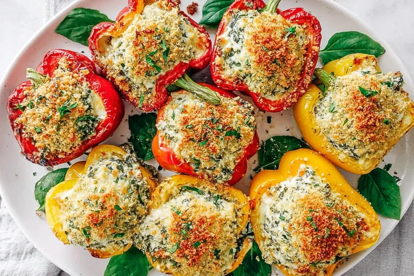 Tuscan Ricotta Stuffed Peppers on a white platter, filled with creamy spinach ricotta and topped with golden breadcrumbs and fresh basil.