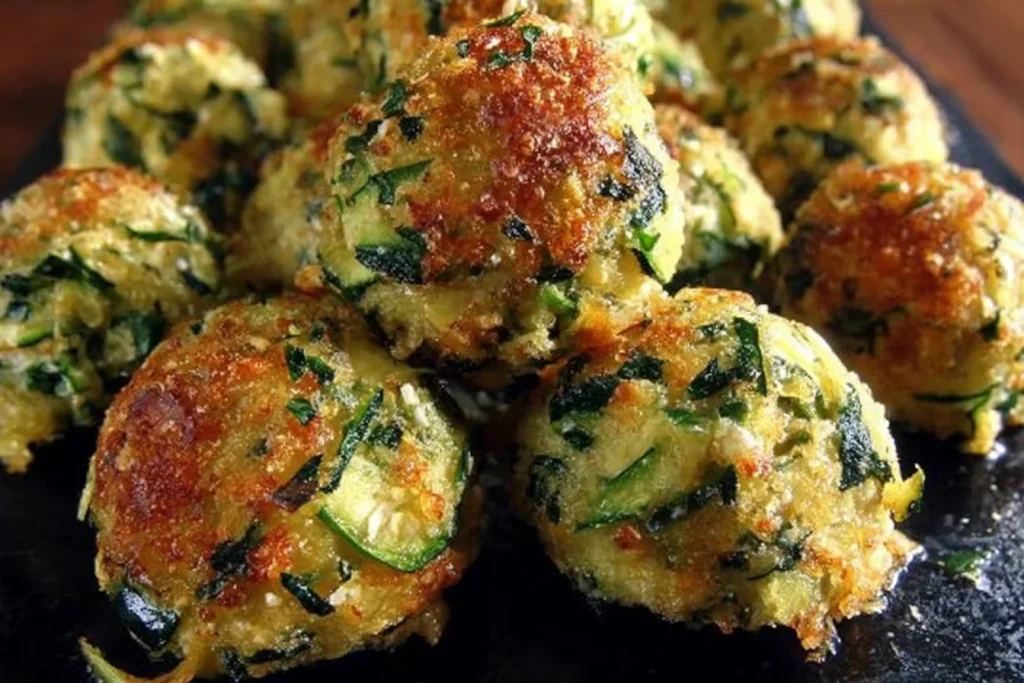 Close-up of crispy baked Zucchini Garlic Bites with parmesan, herbs, and golden-brown tops piled on a dark plate.