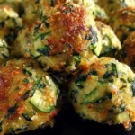 Close-up of crispy baked Zucchini Garlic Bites with parmesan, herbs, and golden-brown tops piled on a dark plate.