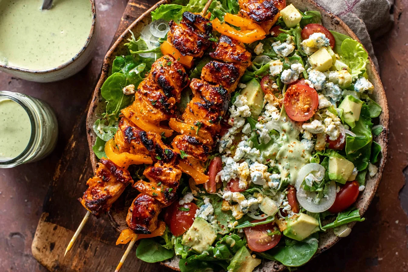Chopped Buffalo Chicken Skewer Salad with grilled buffalo chicken skewers, avocado, cherry tomatoes, blue cheese, and creamy green dressing in a bowl.