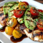 Grilled California Avocado Chicken topped with sliced California avocados, cherry tomatoes, melted cheese, and a balsamic drizzle on a white plate.