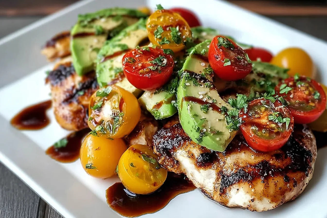 Grilled California Avocado Chicken topped with sliced California avocados, cherry tomatoes, melted cheese, and a balsamic drizzle on a white plate.