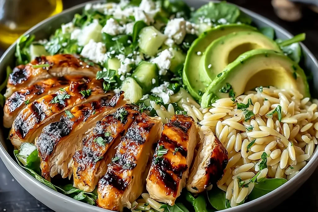 Grilled Chicken Orzo Salad bowl with char-grilled chicken slices, orzo, avocado, cucumber, feta, leafy greens, and fresh herbs.