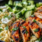 Grilled Chicken Orzo Salad with sliced grilled chicken, orzo pasta, cucumber, avocado, feta, and fresh herbs in a bowl.