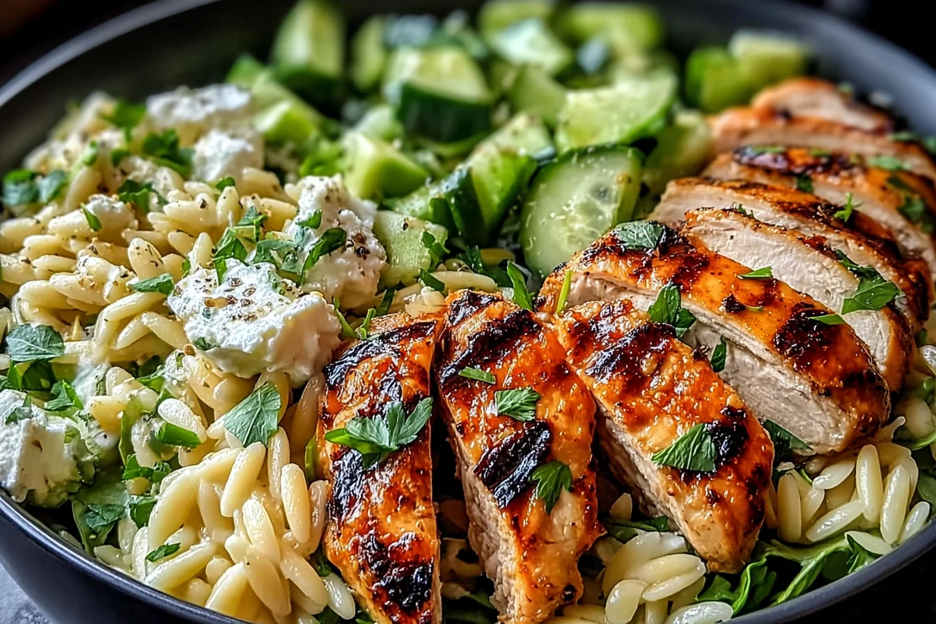 Grilled Chicken Orzo Salad with sliced grilled chicken, orzo pasta, cucumber, avocado, feta, and fresh herbs in a bowl.