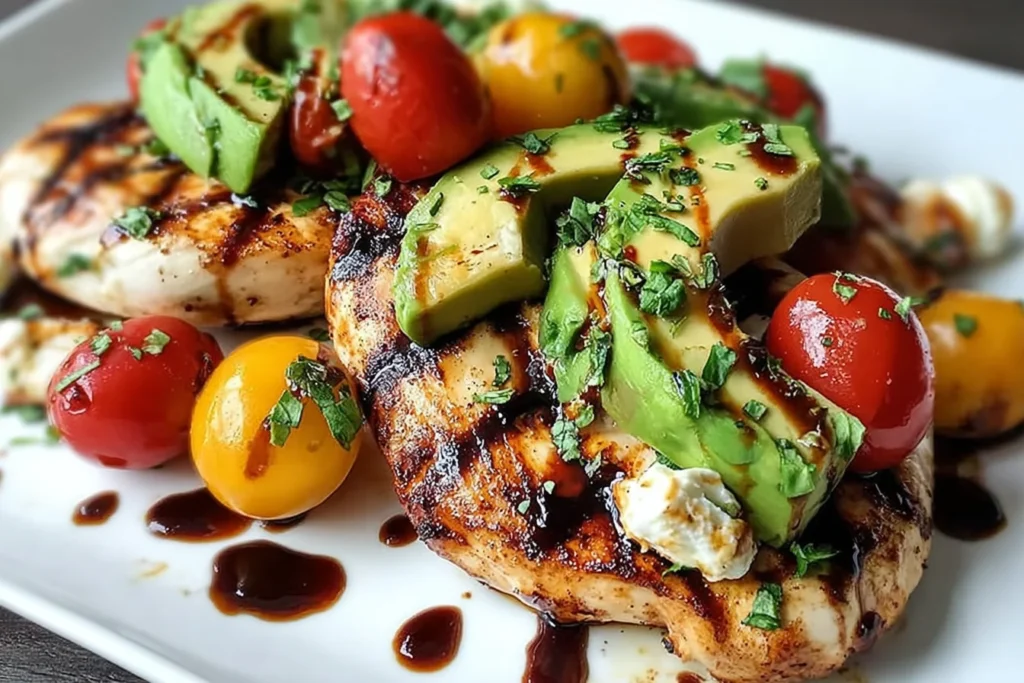 Grilled California Avocado Chicken with sliced avocado, cherry tomatoes, fresh herbs, and a balsamic glaze drizzle on juicy grilled chicken.