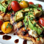Grilled California Avocado Chicken with sliced avocado, cherry tomatoes, fresh herbs, and a balsamic glaze drizzle on juicy grilled chicken.