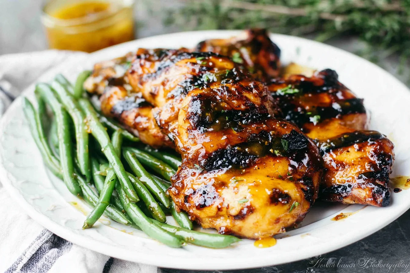 Grilled Honey Mustard Chicken with Green Beans on a white plate, featuring glossy caramelized chicken and crisp green beans.