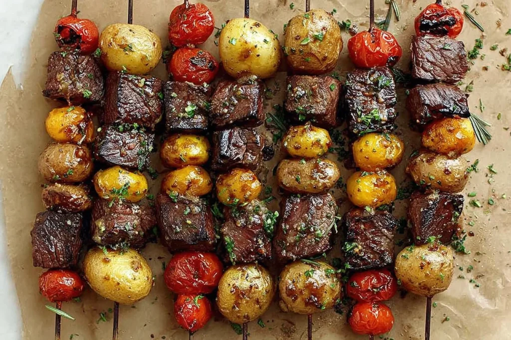 Rosemary Garlic Steak Kebabs lined up on skewers with grilled sirloin cubes, golden baby potatoes, and blistered grape tomatoes, sprinkled with fresh herbs.