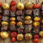 Rosemary Garlic Steak Kebabs lined up on skewers with grilled sirloin cubes, golden baby potatoes, and blistered grape tomatoes, sprinkled with fresh herbs.