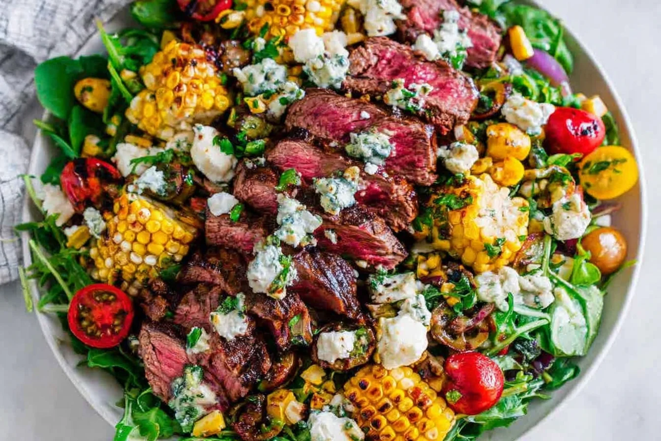 Balsamic Steak Gorgonzola Salad with Grilled Corn topped with sliced grilled sirloin, cherry tomatoes, spring greens, endive, and crumbled Gorgonzola.