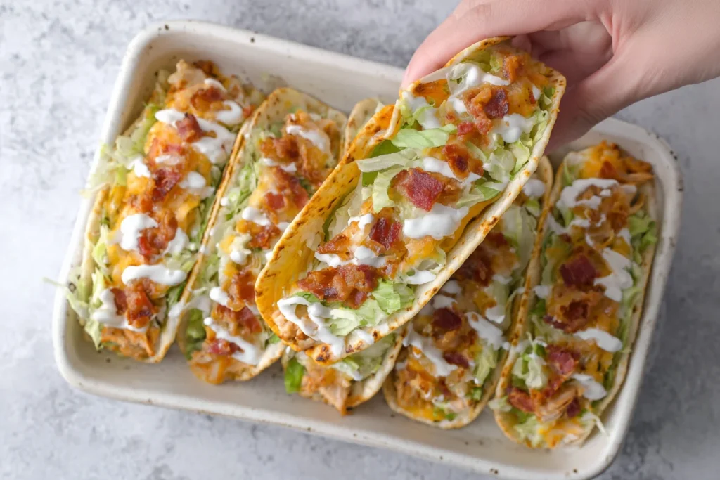 Hand holding Baked Chicken Bacon Ranch Tacos topped with lettuce, melted cheese, crispy bacon, and ranch drizzle in a baking dish.
