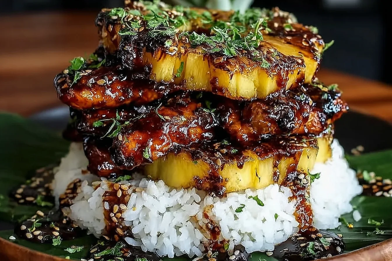 Hawaiian Huli Huli Chicken Stack with grilled pineapple and sticky teriyaki glaze served over fluffy white rice, topped with sesame seeds and herbs.