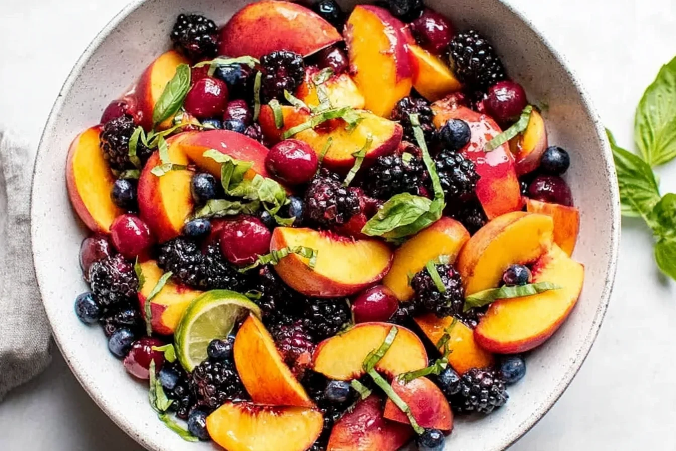 Honey Lime Basil Peach Fruit Salad with juicy sliced peaches, blackberries, blueberries, pomegranate seeds, fresh basil ribbons, and a lime wedge in a bowl.