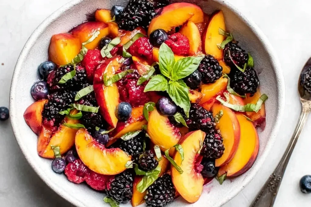 Honey Lime Basil Peach Fruit Salad in a gray bowl with sliced peaches, blackberries, blueberries, raspberries, and fresh basil leaves on top.