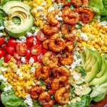 Honey Lime Shrimp Salad with butter lettuce, chili-lime shrimp, avocado slices, corn, cherry tomatoes, queso fresco, and cilantro.