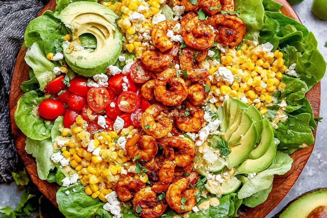 Honey Lime Shrimp Salad with butter lettuce, chili-lime shrimp, avocado slices, corn, cherry tomatoes, queso fresco, and cilantro.