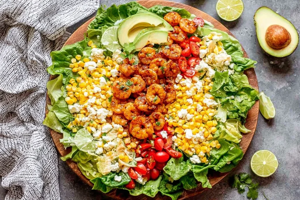 Honey Lime Shrimp Salad served on butter lettuce with chili-lime shrimp, avocado, corn, cherry tomatoes, queso fresco, cilantro, and fresh lime.