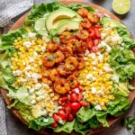 Honey Lime Shrimp Salad served on butter lettuce with chili-lime shrimp, avocado, corn, cherry tomatoes, queso fresco, cilantro, and fresh lime.
