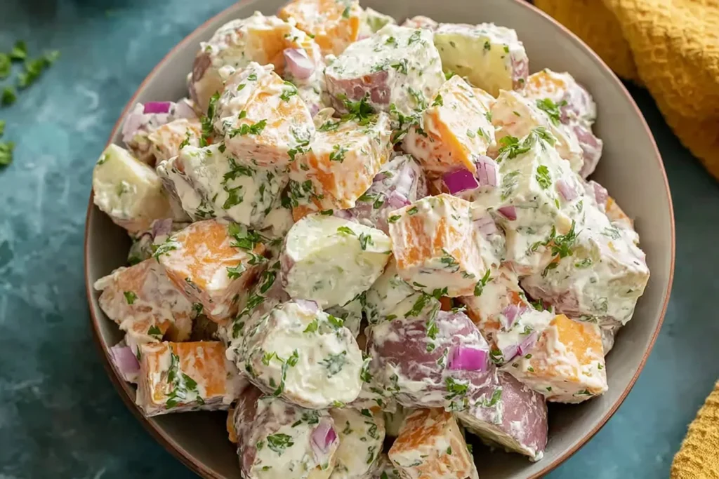 Top-down view of creamy Jamaican Potato Salad made with sweet potato cubes, red onion, and herbs in a bowl.