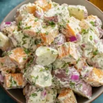 Top-down view of creamy Jamaican Potato Salad made with sweet potato cubes, red onion, and herbs in a bowl.