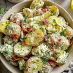 Creamy Jamie Oliver Potato Salad with baby potatoes, crispy bacon, and fresh herbs in a bowl.