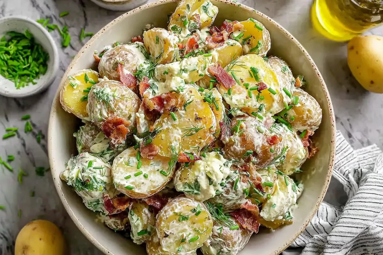 Creamy Jamie Oliver Potato Salad with baby potatoes, crispy bacon, and fresh herbs in a bowl.
