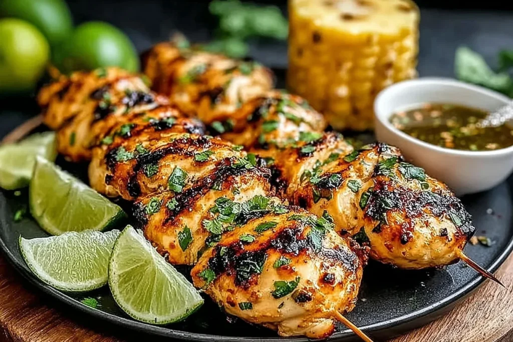 Key West Grilled Chicken skewers with charred grill marks, fresh cilantro, lime wedges, and dipping sauce on a black plate.
