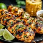 Key West Grilled Chicken skewers with charred grill marks, fresh cilantro, lime wedges, and dipping sauce on a black plate.