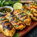 Key West Grilled Chicken skewers with a lime-honey marinade, charred grill marks, fresh cilantro, and dipping sauce on a wooden board.
