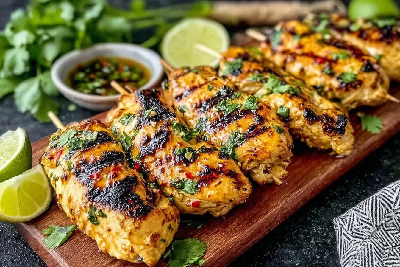 Key West Grilled Chicken skewers with a lime-honey marinade, charred grill marks, fresh cilantro, and dipping sauce on a wooden board.